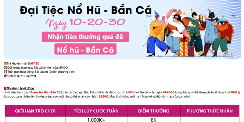 Khuyến Mãi MMOO - Tổng Hợp Các Sự Kiện Ưu Đãi HOT Nhất 5 Khuyến mãi MMOO đại tiệc nổ hũ - bắn cá