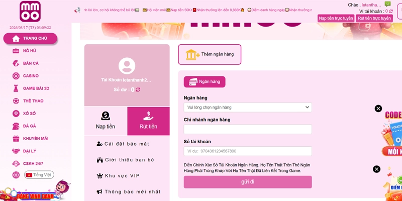 Các thao tác rút tiền MMOO thưởng chỉ vài phút đơn giản